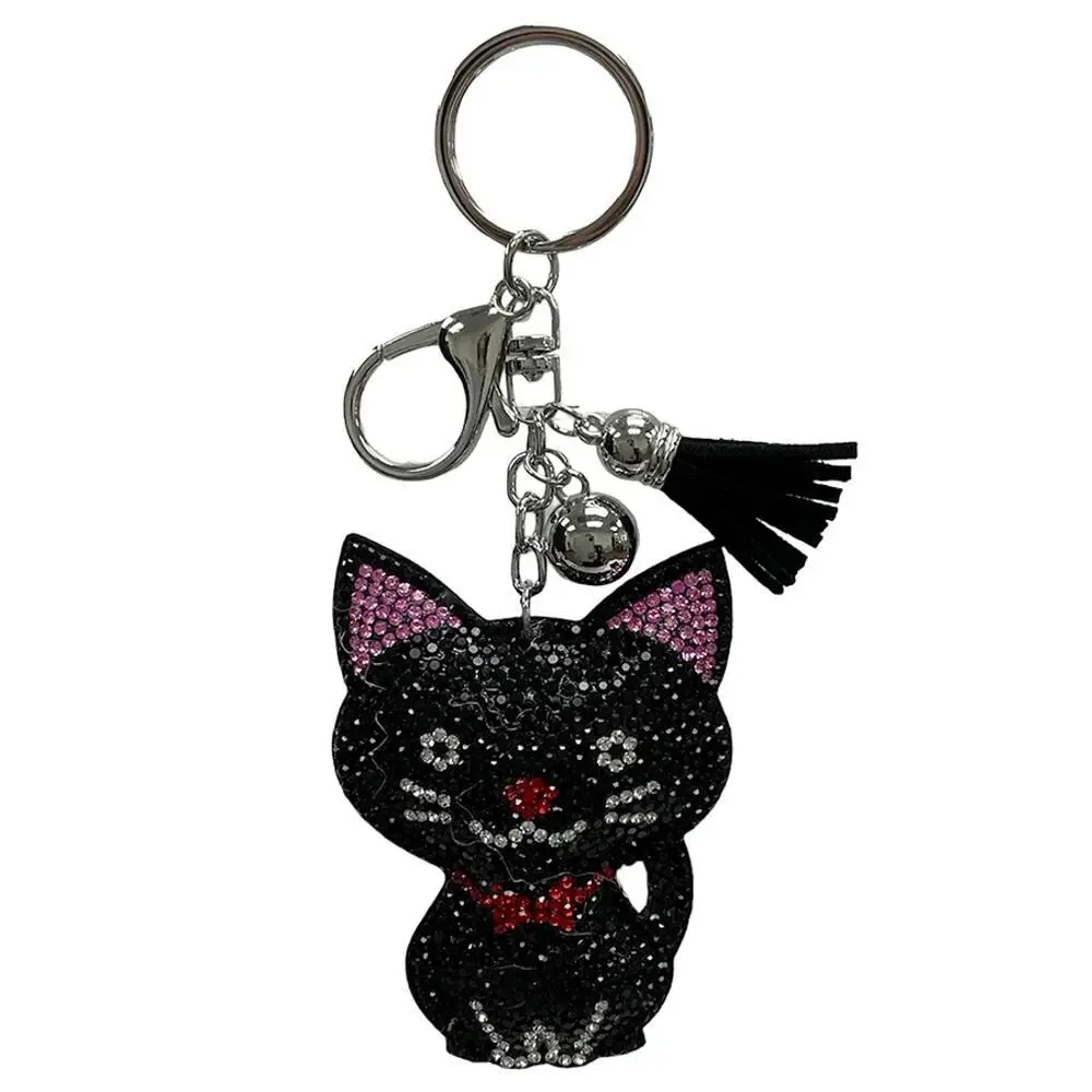 Rhinestone Black Cat Keychain Bag Charm With Tassel